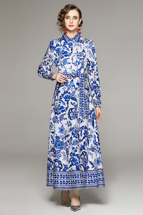 Charming & Vivid Fall Fashion Vintage Porcelain Art Print, A-Line, Collared, Long Sleeve, Belted Office, Party long Women Dress